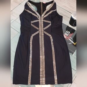 BEBE- Satin effect black embellished racerback dress with mesh instets